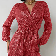 Full Size Sequin Surplice Tie Waist Long Sleeve Romper