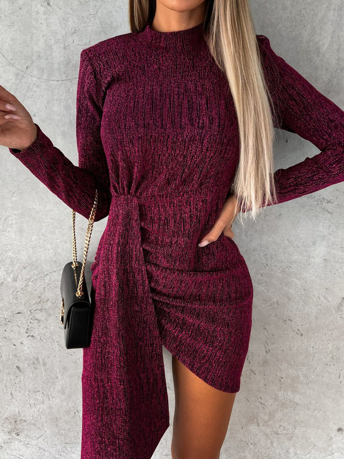 Heathered mock neck long sleeve mini dress in burgundy, side tie detail.