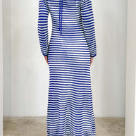 Devine tied round neck striped sweater dress in blue and white, back view.