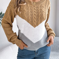 Cable-Knit Color Block Round Neck Sweater