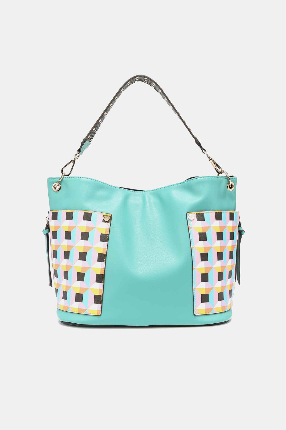 Nicole Lee USA Quihn 3-Piece Handbag Set in aqua with geometric pattern, featuring large shoulder bag.