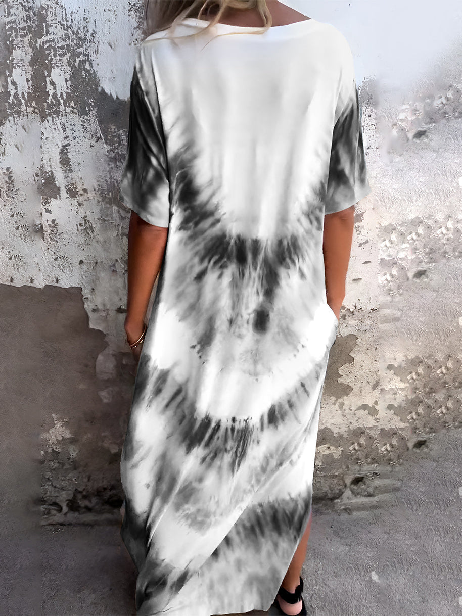 Full size pocketed tie-dye short sleeve dress in black and white.