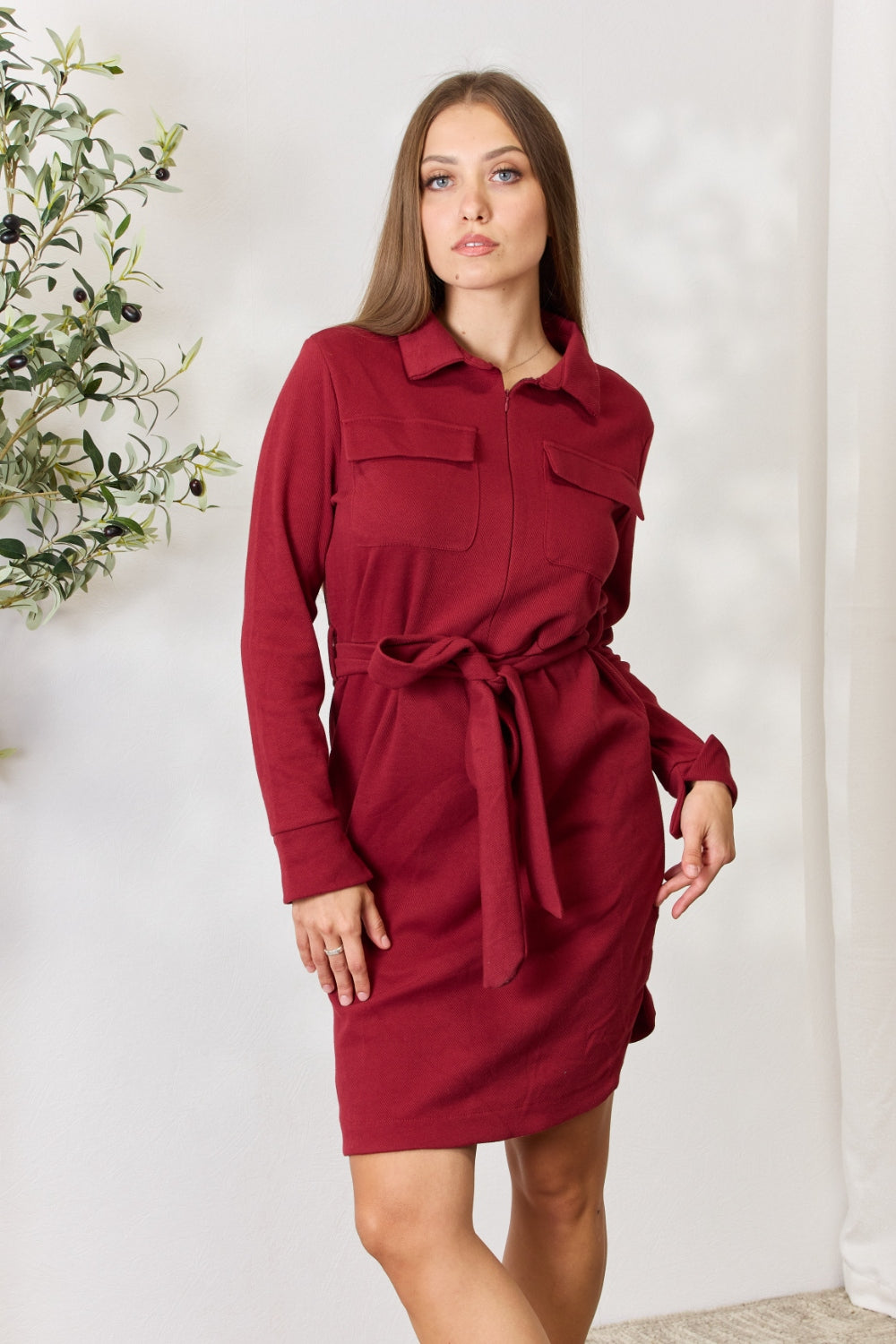 Culture Code full size tie front half zip long sleeve shirt dress in maroon.