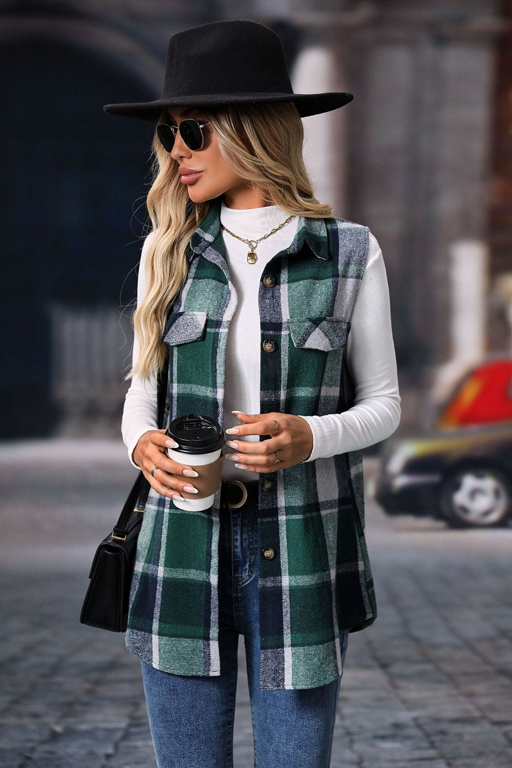 Plaid Button Up Vest Coat with pockets and buttoned front in a casual street style setting.