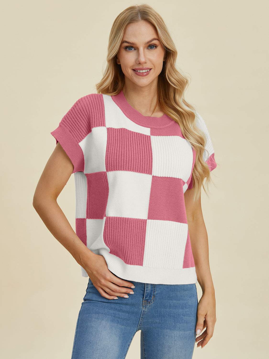 Double Take full size checkered round neck short sleeve sweater in pink and white.