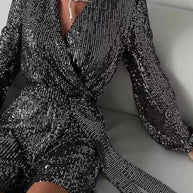 Full Size Sequin Surplice Tie Waist Long Sleeve Romper