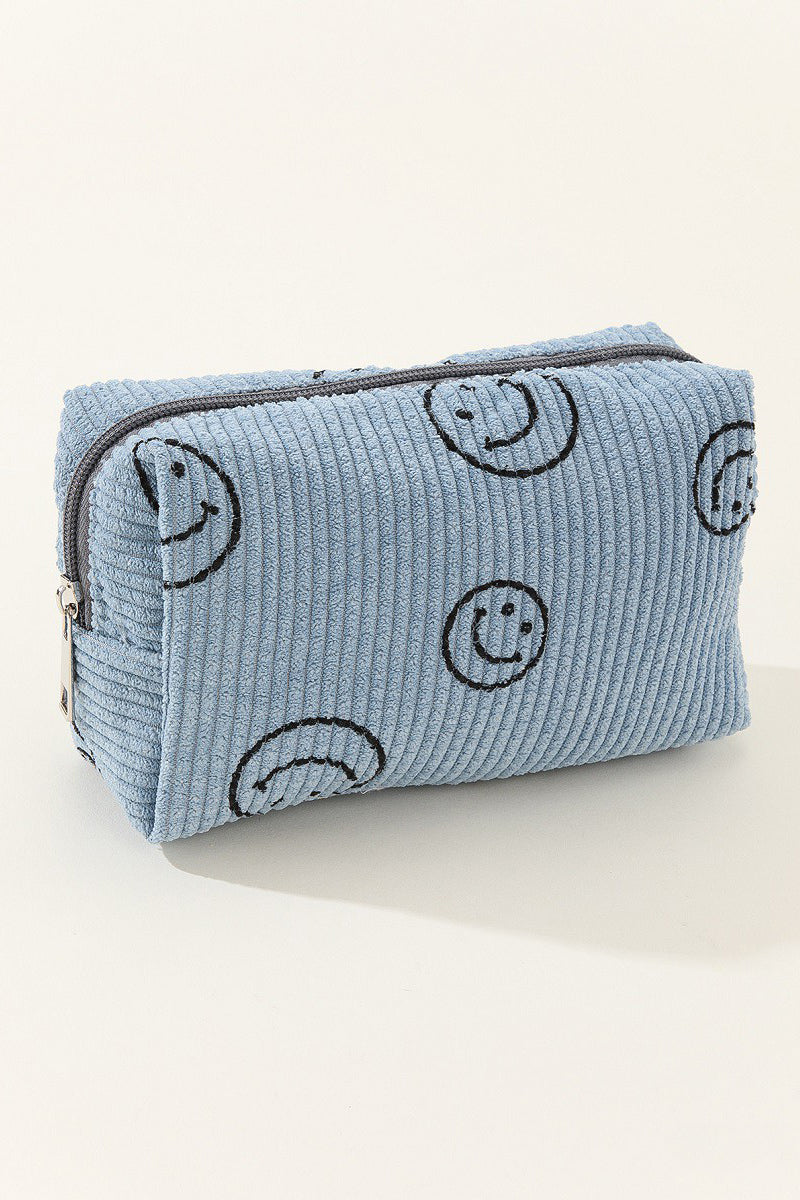 Zenana Smiley Face Corduroy Cosmetic Pouch with embroidered smiley face design, small size.