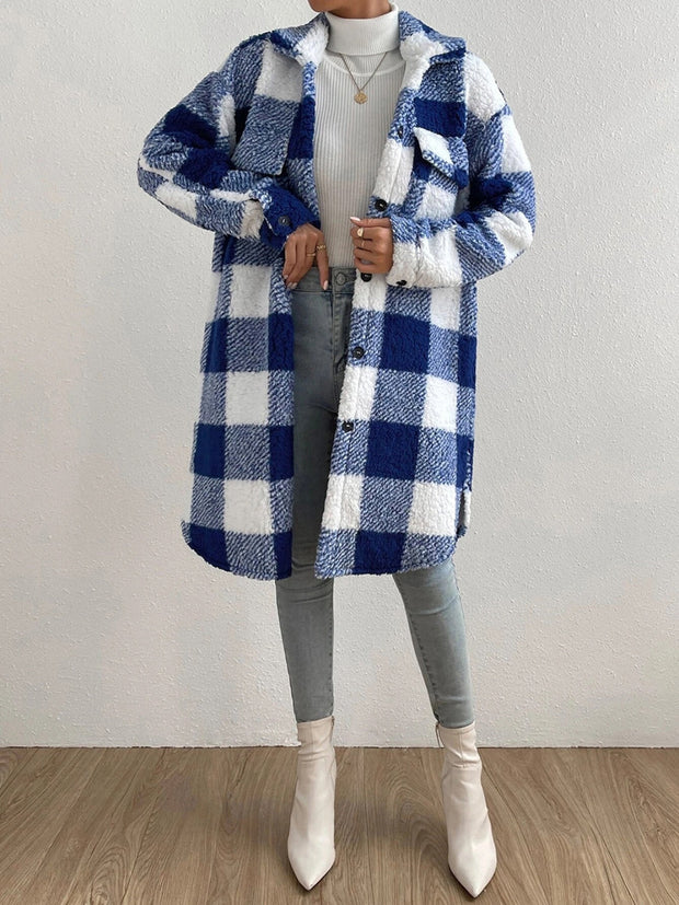 Plaid collared neck button down coat in blue and white checkered pattern.