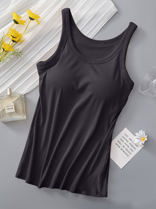 Round neck tank with bra in black, moderate stretch, viscose and spandex material.