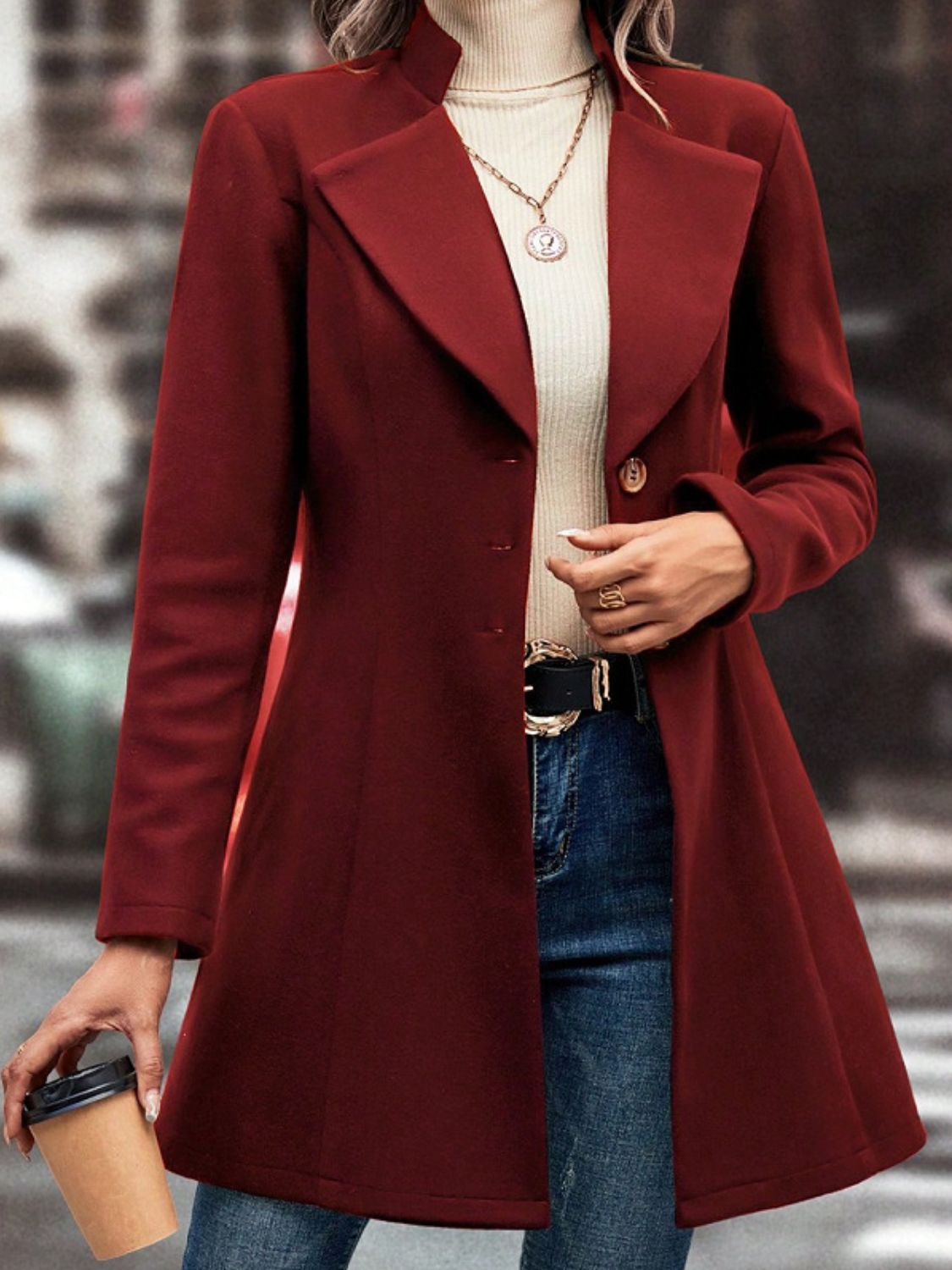 Collared Neck Button Up Long Sleeve Coat in burgundy, stylish and comfortable.