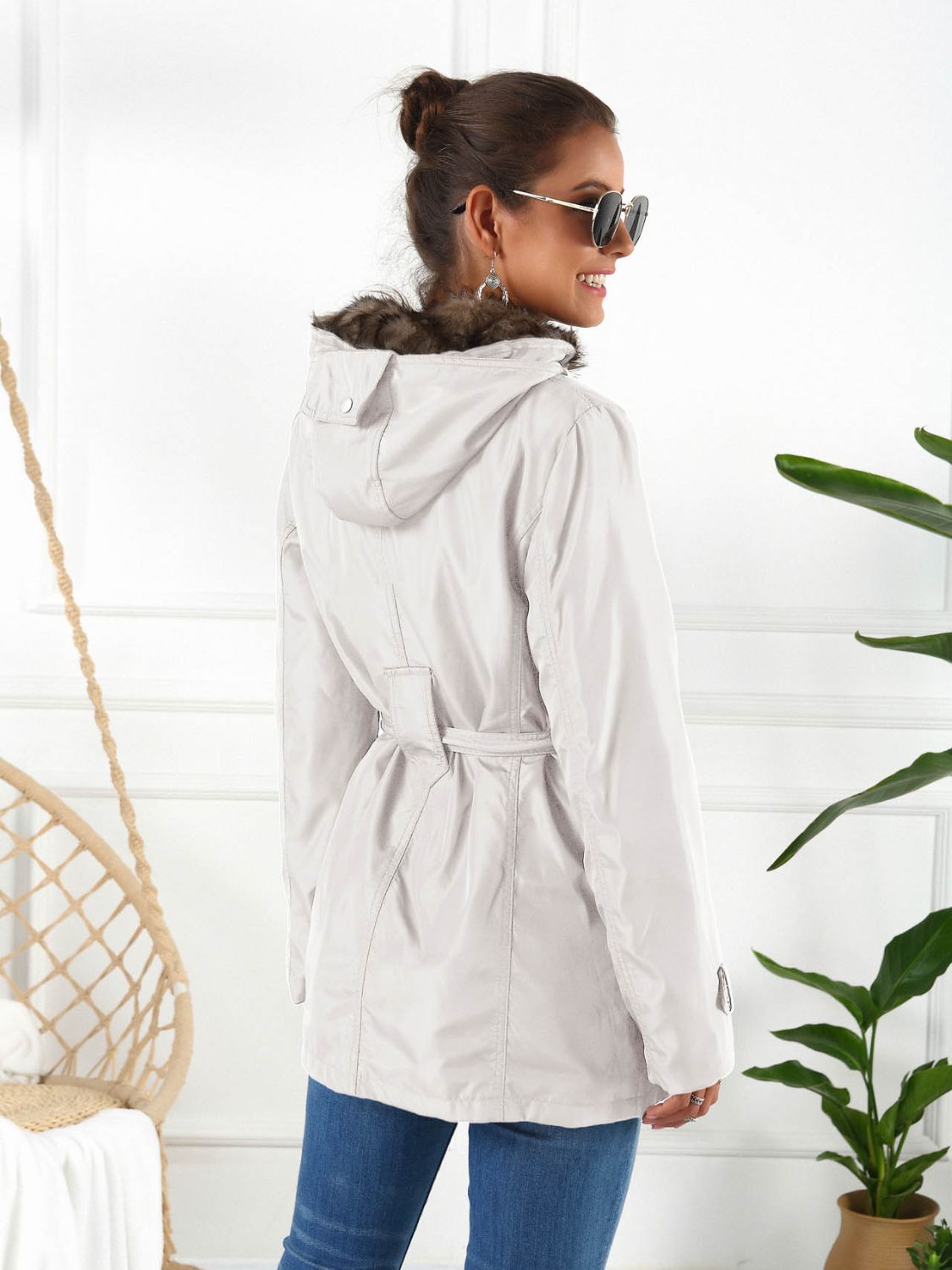 Ivy Lane Full Size Hooded Jacket with Detachable Liner, back view.