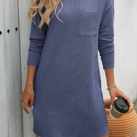 Mandy striped round neck long sleeve mini dress with pocket in blue.