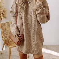 Cable-Knit Round Neck Sweater Dress