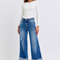 Judy Blue Full Size Distressed High Waist Wide Leg Jeans