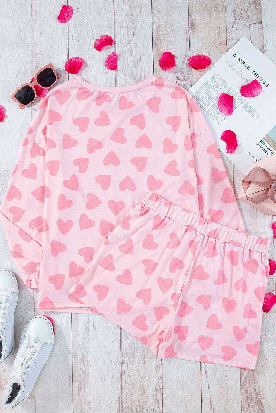 Heart print long sleeve top and shorts lounge set in pink.