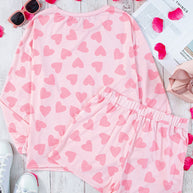 Heart print long sleeve top and shorts lounge set in pink.