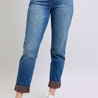 Judy Blue Full Size Plaid Print Cuff Straight Leg Jeans with Pockets