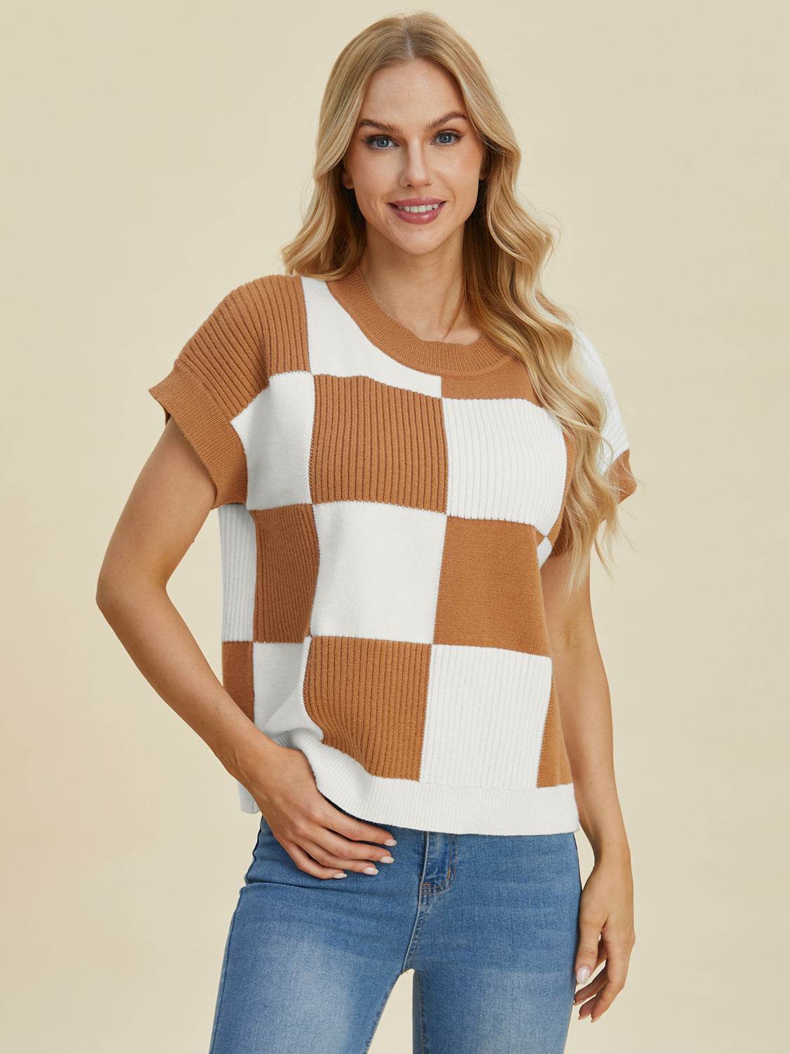 Full Size Checkered Round Neck Short Sleeve Sweater in brown and white, slightly stretchy fabric.