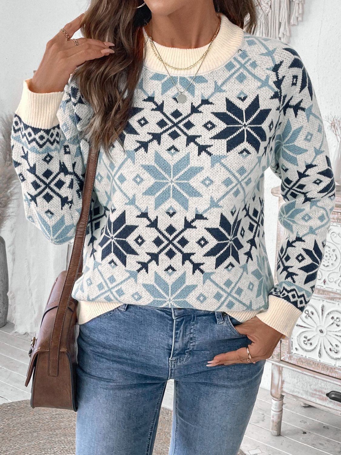 Perfee Graphic Round Neck Long Sleeve Sweater in blue and white pattern, worn by a model with denim jeans.