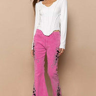 POL Raw Hem Embroidered Flare Pants with intricate embroidery and retro flare silhouette.