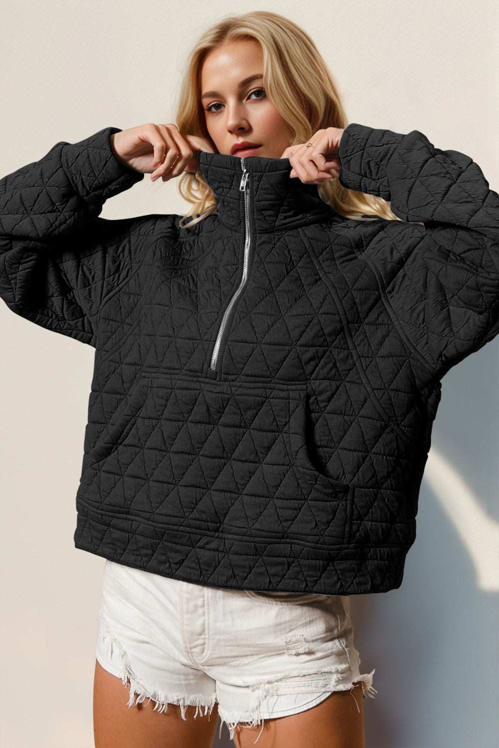 Double Take Half Zip Long Sleeve Quilted Jacket with Pocket