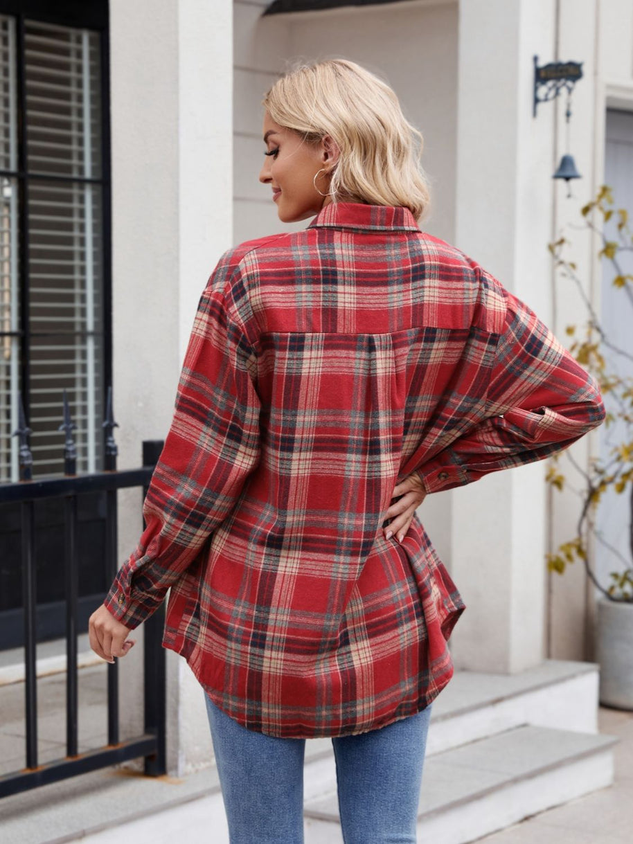 Mandy Plaid Button Up Long Sleeve Shirt in red and black plaid pattern.