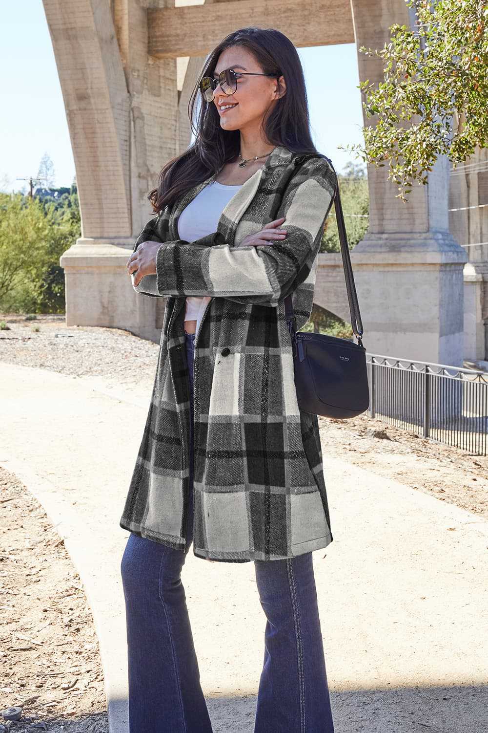 Full Size Plaid Button Up Lapel Collar Coat