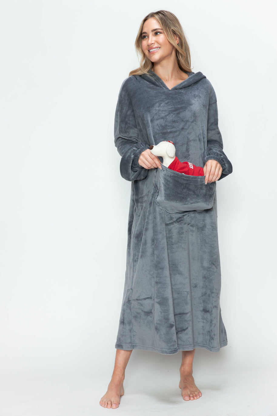 Full size pocketed hooded midi lounge dress in gray, featuring a comfortable fit and cozy design.