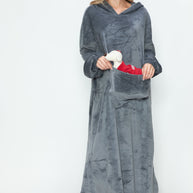 Full size pocketed hooded midi lounge dress in gray, featuring a comfortable fit and cozy design.