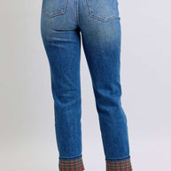 Judy Blue Full Size Plaid Print Cuff Straight Leg Jeans with Pockets, rear view showing cuffs.