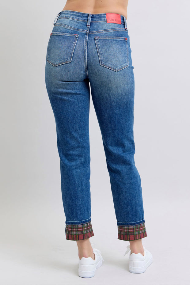 Judy Blue full size plaid print cuff straight leg jeans with pockets, back view.