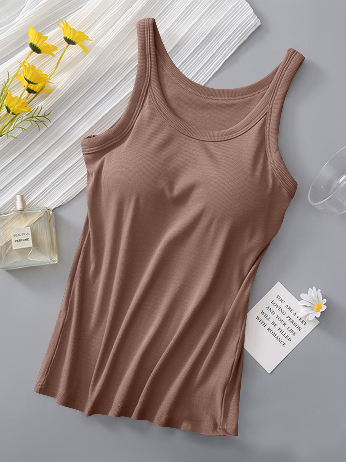 Round Neck Tank with Bra in brown, moderate stretch, viscose-spandex blend.