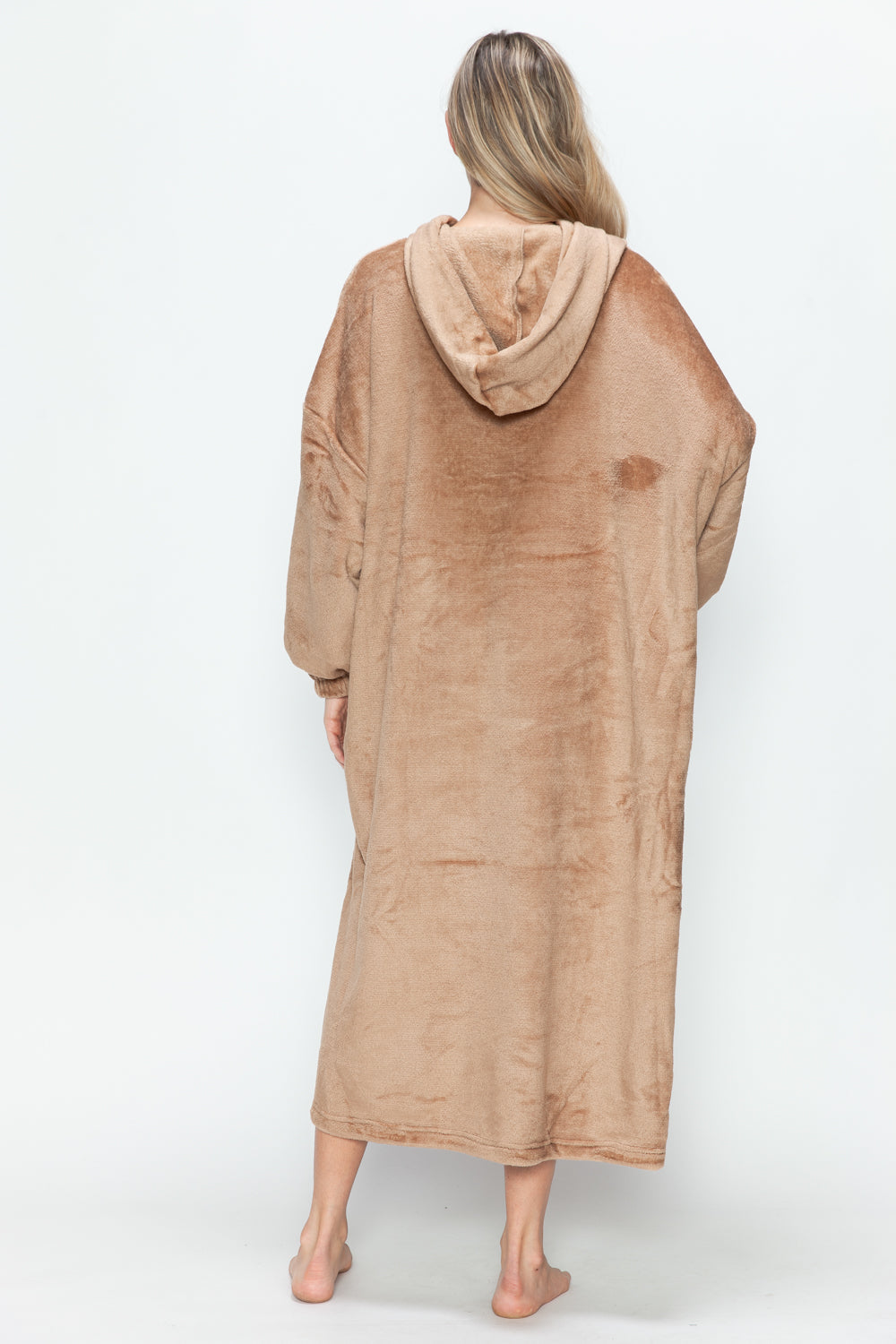 Full size pocketed hooded midi lounge dress, tan color, opaque, slightly stretchy, polyester, back view.