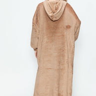 Full size pocketed hooded midi lounge dress, tan color, opaque, slightly stretchy, polyester, back view.