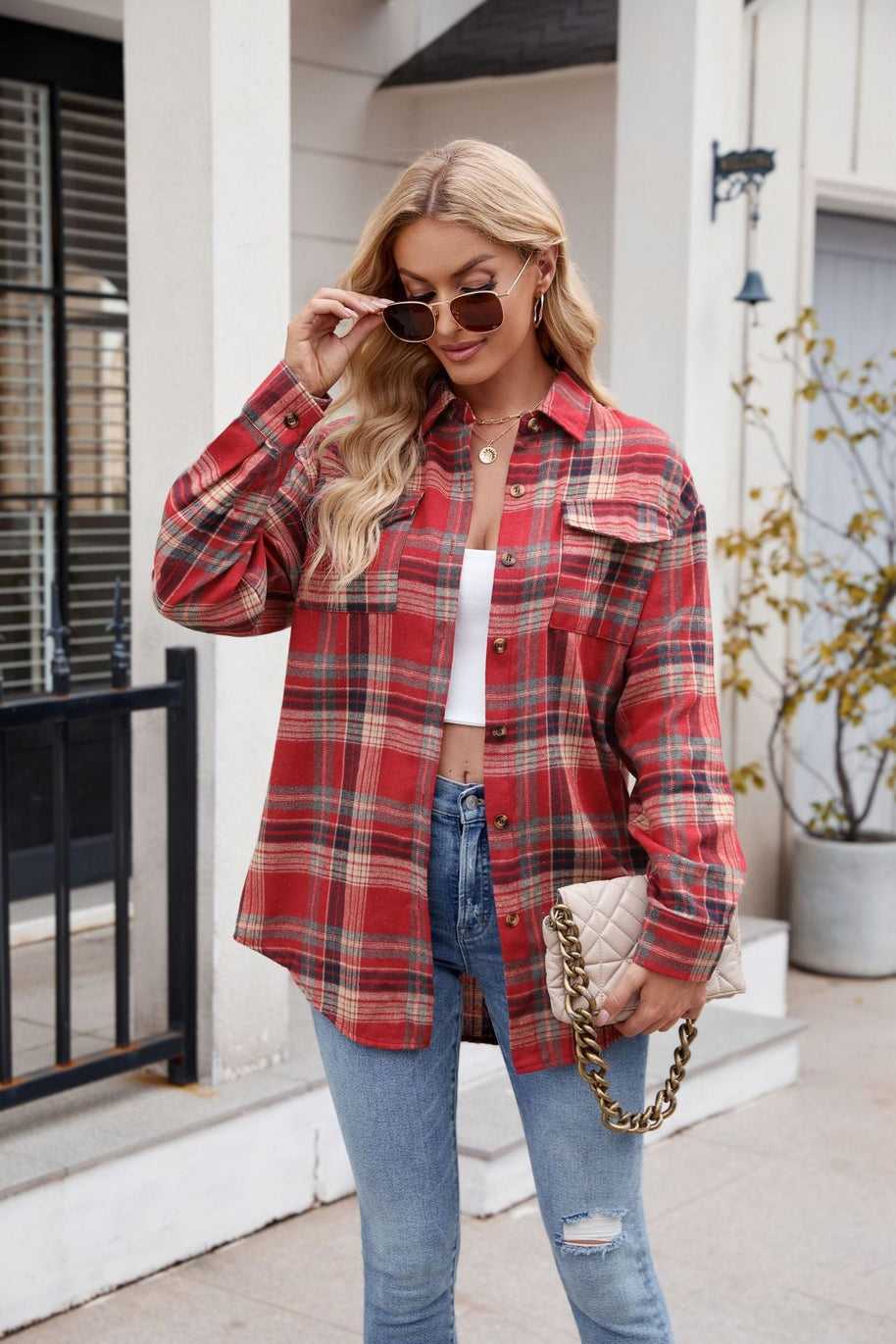 Mandy Plaid Button Up Long Sleeve Shirt with front pockets, red plaid pattern.