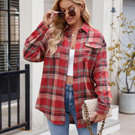 Mandy Plaid Button Up Long Sleeve Shirt with front pockets, red plaid pattern.