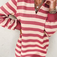 Contrast Striped Johnny Collar Long Sleeve Mini Dress