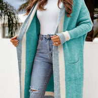 Pocketed Contrast Long Sleeve Hooded Cardigan