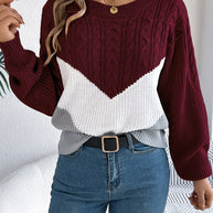 Cable-Knit Color Block Round Neck Sweater