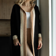 Pocketed Contrast Long Sleeve Hooded Cardigan