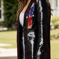 Sequin Nutcracker Long Sleeve Blazer with button detail, featuring bold sequins and a festive nutcracker design.