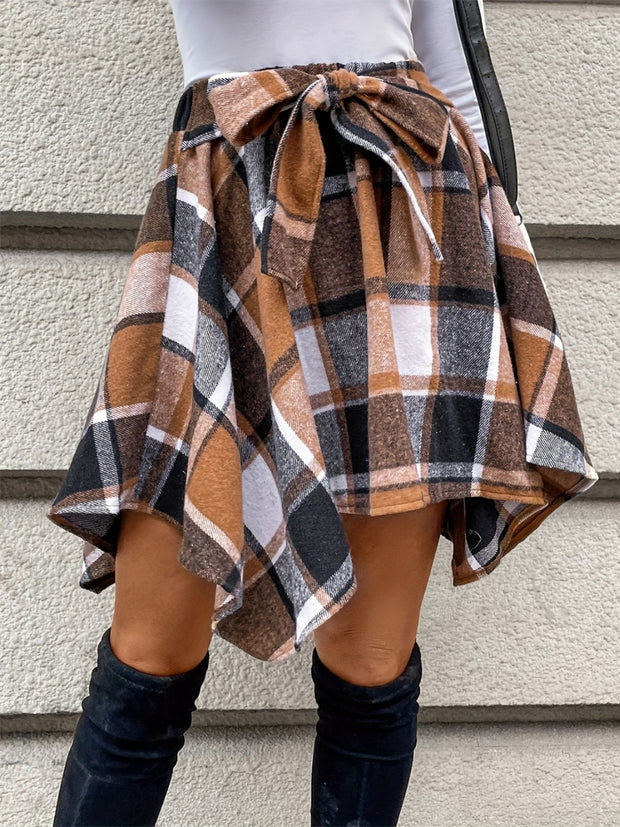 Tied Plaid Asymmetrical Hem Skirt