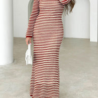 Devine tied round neck striped sweater dress with moderate stretch in a chic, imported style, made from 100% viscose.