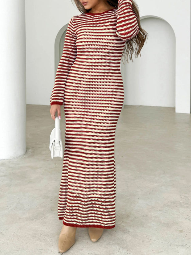 Devine tied round neck striped sweater dress with moderate stretch in a chic, imported style, made from 100% viscose.