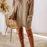 Cable-Knit Round Neck Sweater Dress