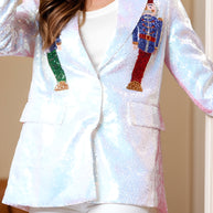 Sequin Nutcracker Long Sleeve Blazer with buttoned sequin design, 100% polyester.