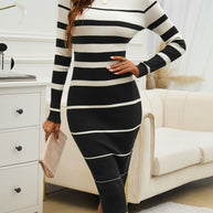 Color Block Round Neck Long Sleeve Midi Dress