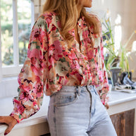 Frill Floral Button Down Long Sleeve Shirt