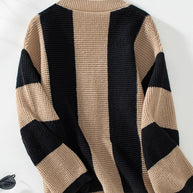 Waffle-knit V-neck striped long sleeve cardigan in black and beige.