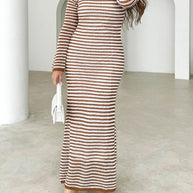 Devine Tied Round Neck Striped Sweater Dress in brown and white with long sleeves.